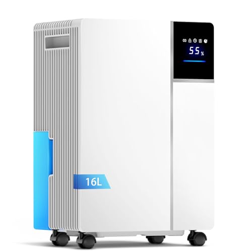 16L/Day Dehumidifier with Auto Humidity Sensor & Digital Display 24H Timer Childlock Sleep Mode 3 Color Light Smart Dehumidify for Home Basement Office Garage With 2L Water Tank & Drain Hose