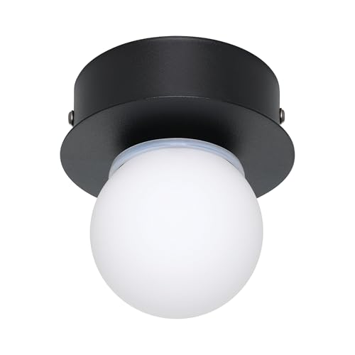 Eglo Plafonnier LED Mosiano, petite lampe de plafond en forme de boule, éclairage pour salle de bains en métal noir et verre en blanc, blanc chaud, IP44, ∅...