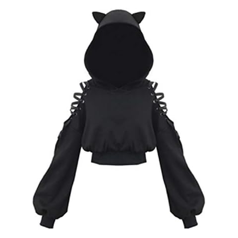Womens Cat Ears Black Hoodie Long Sleeve Sweatshirt Cute Casual Hollow Out Pullover Short Tops Blouse Crop Cover