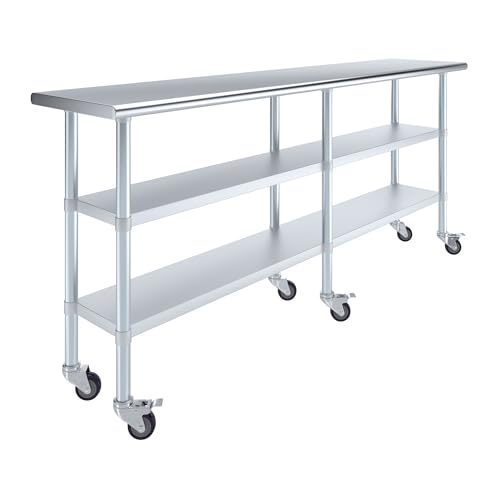 Image of AmGood Stainless Steel Work Table with 2 Shelves and Casters | Metal Utility Table On Wheels (Stainless Steel Work Table with 2 Shelves + Casters, 84 inch Long x 18 inch Deep)