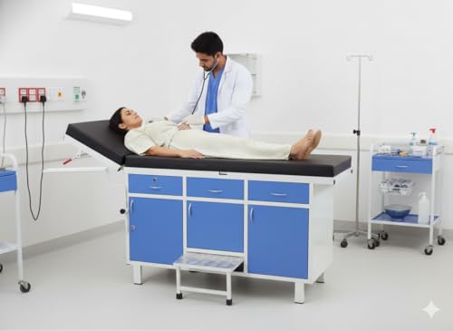 Rmedica Hospital Examination Couch I Head Elevation Couch Pre Treated and Epoxy Powder Coated with Hydrolic Head Movement, Skid Proof Foot Step