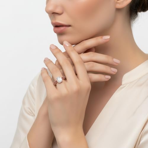 Image of Choose Your Gemstone Bezel Set Emerald Accented Diamond CZ Ring Rose Gold Plated Emerald Shape Side Stone Engagement Rings for Women, Girls and Ladies US Size 4 to 12