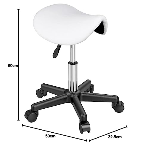 Yaheetech Saddle Stool Adjustable Rolling Salon Chair Swivel Rolling Wheels & Ergonomic for Hairdressing Massage Tattoo Spa Saddle White