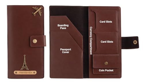 Image of AICA Personalized Name & Charm Long Leather Wallet Passport Cover with (Dark Brown) Passport Boarding Pass Currency Card Slot & Coin Holder for Men & Women | Corporate Office Gift Employee Colleagues