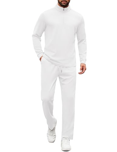 COOFANDY Men's Tracksuits 2 Piece Quarter Zip Sweatsuits Casual Athletic Jogging Long Sleeve Track Suits Set, White, L