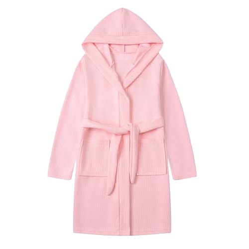 Umeyda Boys Girls Hooded Robe Kids Soft Waffle Cotton Robes Spa Bathrobe Pajamas Sleepwear Pink 7-8 Years