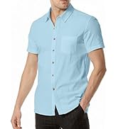JEMITOP Men's Summer Cotton Linen Short Sleeve Slim Fit Button Down Shirts with Pockets for Vacat...