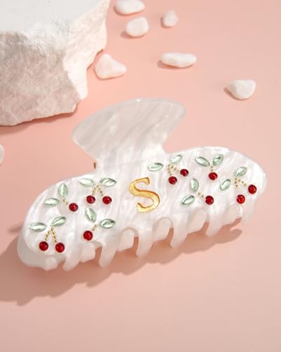 Image of CHLINS Initial Cherry Hair Clips for Women Girls - Cute Glitter Monogram Claw Clips with Rhinestone Cherry Print Hair Accessories, Ideal Birthday Bridesmaid Gifts for Teens Girls, Letter S