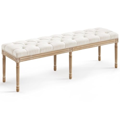 LUE BONA 60' Fabric End of Bed Bench, Upholstered Tufted French Bedroom Bench with Carved Legs for...