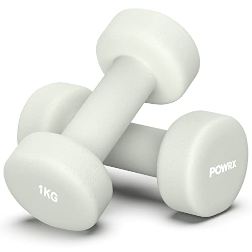 POWRX Haltères de musculation en Néoprène - Paire d’haltères de sport - Poids musculation fitness, yoga, entraînement sportif (Blanc, 2 x 1kg) Cover