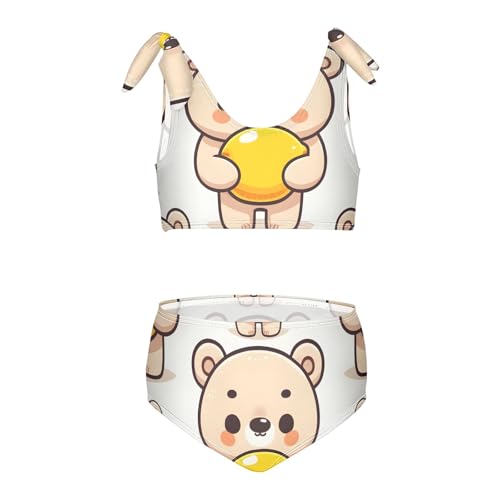 Girls' Bikini Set, Cute Cartoon Bear Holding Lemon Kids Swimsuit 2 Pcs Beach Bathing Suit
