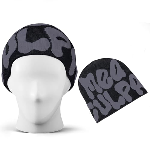 TaowaveWomen Beanie Y2k Hat,MEA Culpa Graphic Beanies Designs,Winter Hat Knit Skull Cap Gray Blue