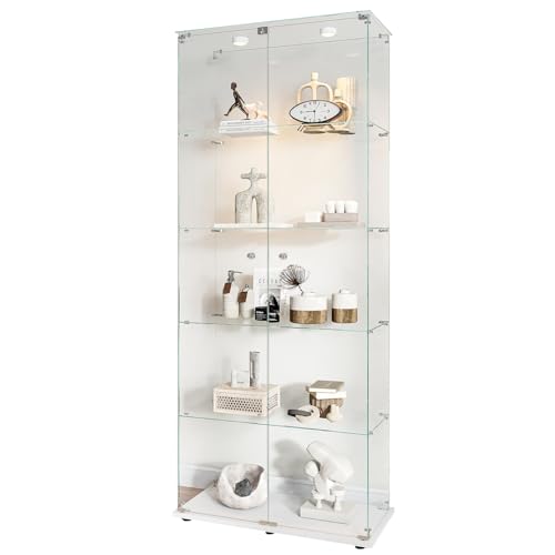 Sorvaglos - Vitrina de cristal con iluminación LED, 5 pisos, puerta de cristal templado, blanco, antipolvo, vitrina vertical para sala de estar, oficina, objetos de colección, 78,5 x 34,5 x 168,5 cm