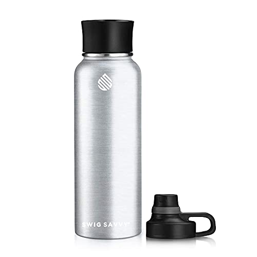 Swig Savvy Sports Water Bottle, Vacuum Insulated Stainless steel, Double Wall, Wide Mouth 2 Leakproof Lid, Travel Thermos - 40oz (Silver)
