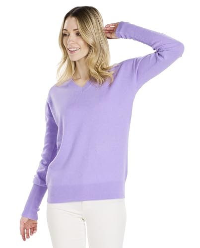 BEYOND FASHION Women's Sweater Solid Color V Neck Drop Shoulder Long Sleeve Pullover - 100% Pure Cashmere