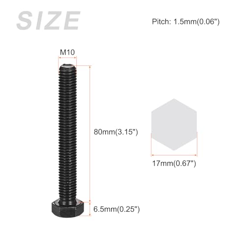 Image of METALLIXITY Hex Bolts (M10-1.5x80mm) 6Pcs, 12.9 Grade Carbon Steel Fully Threaded Black Oxide, Coarse Thread UNC Hex Head Screw Bolt - for Mechanical Repair