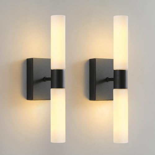 Wall Sconces Set of Two Matte Black Modern Bathroom Sconces Wall Lighting Set of 2 Frosted Glass Shade Indoor Wall Lamp Wall Mounted Lights Metal Wall Light Fixtures for Living Room Stairs