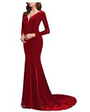 SZJMS V Neck Mother of the Bride Dresses for Women Velvet Wedding Guest Dress Long Sleeve Formal Evening Party Gowns Red Size 14