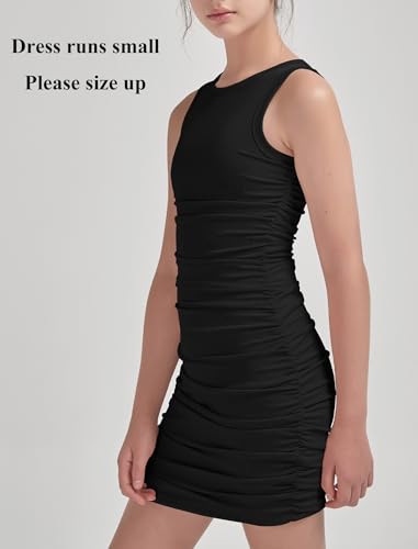 EXARUS Girls Bodycon Ruched Teen Tight Dresses Ribbed Short Pencil Sleeveless Fitted Tank Casual Summer Mini Dress2