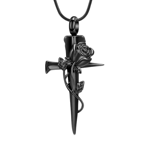 ADENLA Collar de urna para Ashes Cross Cremación Joyería Colgante de Roseflower Ashes Steel Stainless Keepsake Memorial Necklace para Mujeres Hombre-Negro