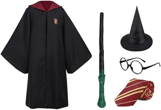 Wizard Robe Costume Cosplay Set of 5pcs Magic Unisex Costume Hogwarts Costume Robes for Kids Dress Up Accessory Include with Striped Tie Glasses Wizard Hat Magic Wand 145