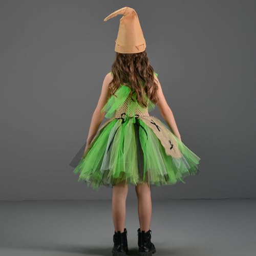 IDOPIP Kids Girls Halloween Costume Witch Cosplay Nightmare Doll Fancy Dress Puff Tulle Tutu Dresses Christmas Eve Dress Up with Hat Green S/2-3Y - Image 3