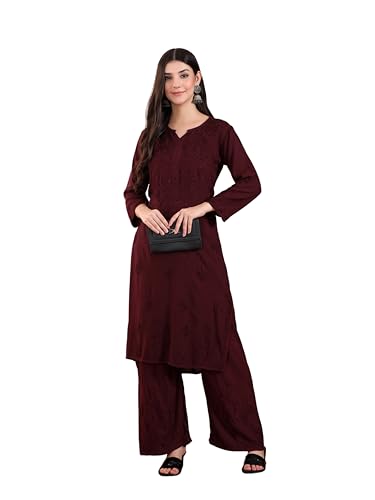 Image of POSHAK CHIKAN STUDIO Women's Hand Embroidered Lucknowi Chikankari Rayon Co-ord Set
