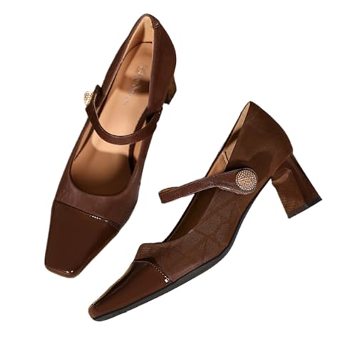 100junzidao Zapatos Mary Jane de tacón Medio y Puntera Cuadrada para Mujer Primavera y otoño Tacones con Tiras y Estilo Patchwork inspirados en Chanel.