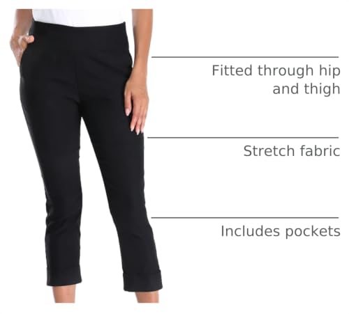 Image of HDE Pull On Capri Pant for Women w /Pockets Elastic Waist Cropped Work Pant | Comfortable Pull On Waist, Tailored Fit with Cuff, Stretchy Summer Office Pants, 24.25 inch Inseam, Professional Dress Capris