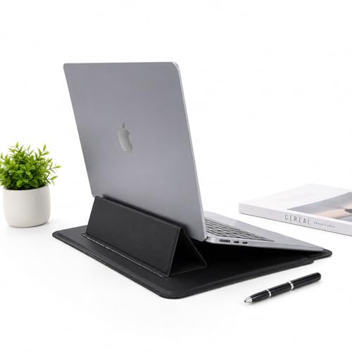 Image of Bigsmall Elevate Pro 14 Inch PU Leather Laptop Sleeve with Adjustable Stand, Compatible with MacBook Air /Pro 14 inch, iPad Pro 13 inch, Dell, HP, Lenovo, ASUS & Other 14-Inch Laptops, Magnetic Closure - Black