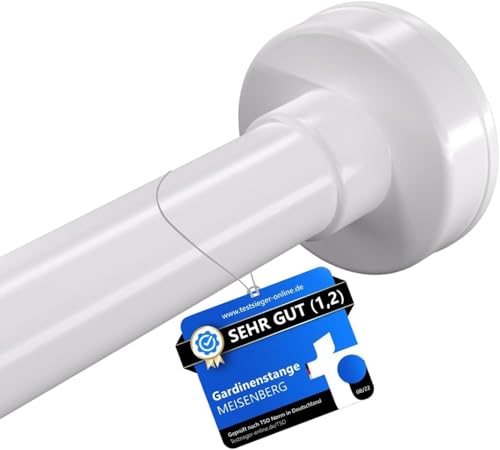 MEISENBERG Teleskopstange Vorhang 140-250cm, Weiß, Ø 25 mm, Gardinenstange ohne Bohren - Duschstange zum Klemmen - Spannstange für Vorhänge, Dusche, Türöffnungen und Kleiderschrank - 1Stück