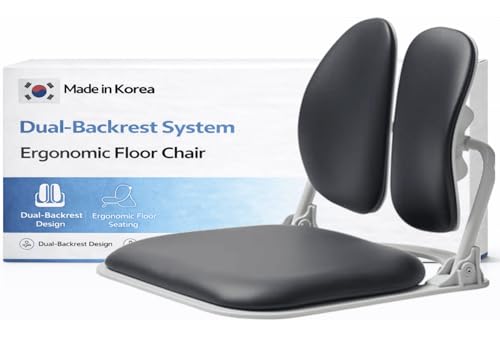 Made in Korea Dual-Backrests Ergonomic Floor Chair With Back Support - Meditation, Gaming, Reading Chair for Adults, Foldable (Black Leather)