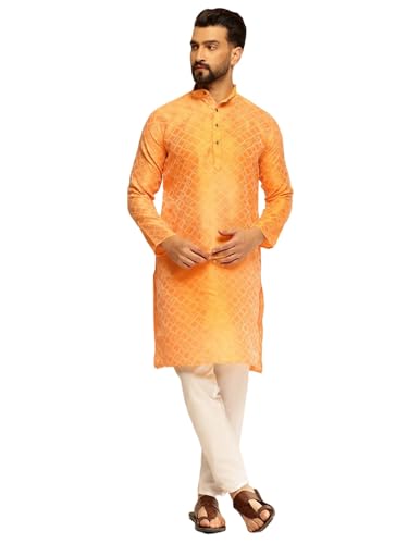 Image of SOJANYA (Since 1958 Men's Jacquard Silk Woven Motifs Kurta With White Pyjama