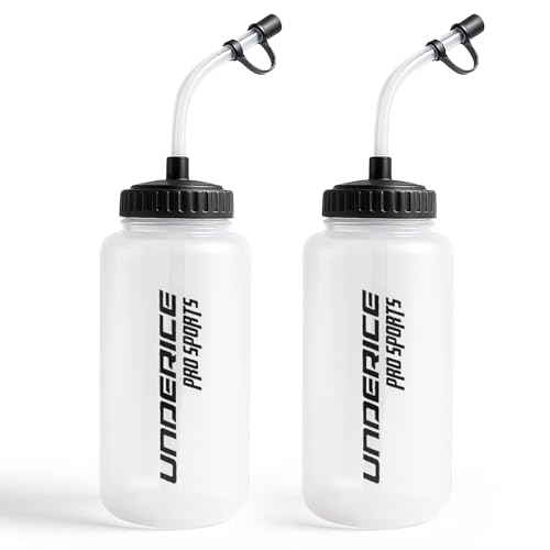 UICE Hockey Water Bottle with Long Straw 2-Pack & 1 Liter (34 Oz) BPA-Free Sports Water Bottles Easy Squeeze Bottle Lid with Extra Cap for Football Lacrosse Boxing Helmet Sports
