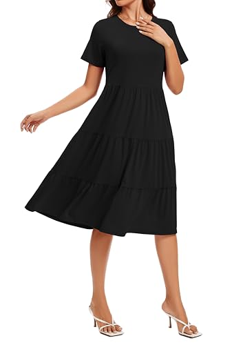 Image of Womens Summer Short Sleeve Crew Neck Midi Dress 2026 Casual Fit Flowy Tiered Beach Vacation Sundress with Pockets
