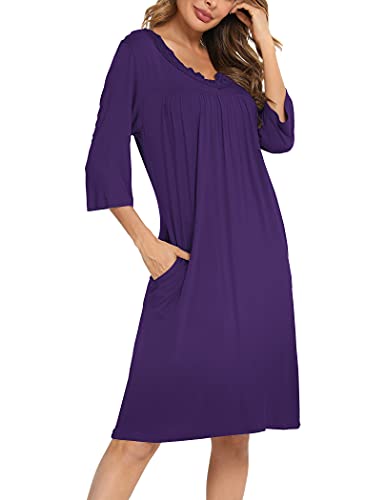 Yya Women's Nightgown 3/4 Sleeve Sleepwear Comfy Sleep Shirt V-Neck Lace Nightshirt Purple #TOP1