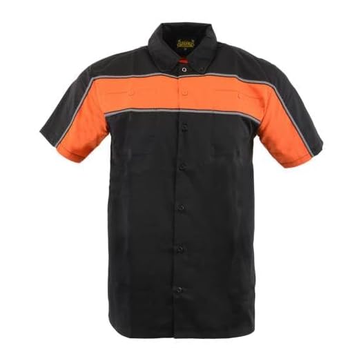 Biker Clothing Co. MDM11673 Men’s Black and Orange Short Sleeve Motorcycle Shirt with Reflective Material - Large