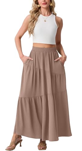 GRECERELLE Women's Coffee Gray Maxi Skirt for Women Elastic High Waist Boho Tiered A-Line Long Skirts with Pockets, XS — view 5