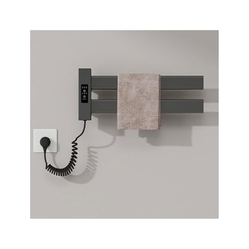WRJAHCG Toallero Electrico Baño Bajo Consumo, Calentador De Toallas Electrico Pared,Toallero Electrico con Termostato,Temporizador,Pantalla LED,Control Táctil,Aluminio,50W,Negro,Left Plug