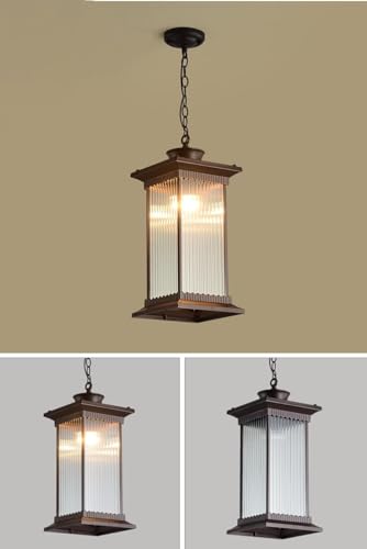 Image of Outdoor Wall Lantern Light, Black Finish, Ribbed Glass Shade and Black Hanging & Gate Light (Half Wall, 1) (Hanging LAMP, 2)