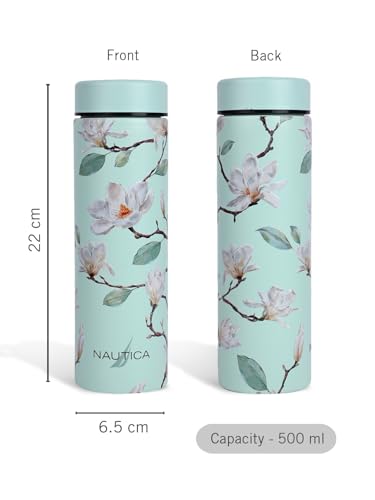 Image of NAUTICA Premium Leak-Proof Insulated Water Bottle - 1pc (Stern)| 500ml | Stainless Steel Flask with 24 Hours Temperature Retention | Ideal for Travel, Gym, Office Use Titanium Printed-Green /Ivory
