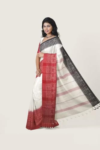 Image of eC ESHA'S COLLECTION Women's Cotton Blend Begumpuri Handloom Saree With Unstitched Running Blouse Piece (Off-White, Black, Red)
