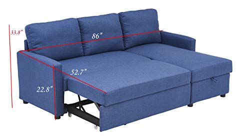 Kingway Sectional Sofa Bed with Storage Convertible Chaise Sofabed, 79.55433.8\", Blue