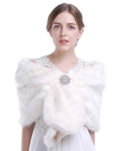 Aukmla Women's Wedding Faux Fur Shawls and Wraps Bridal Fur Scarf Stoles with Rhinestones Brooch for Bride and Bridesmaids (White)