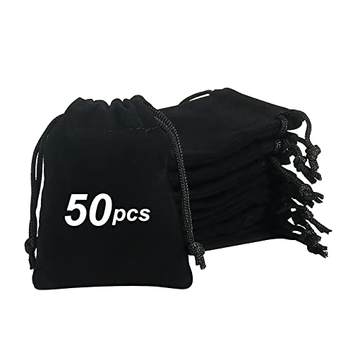 Shintop 50pcs Little velvet Jewelry bags 3x4inch Black Drawstring Gift pouches Coin Purse for Dice Small Business Party Favor