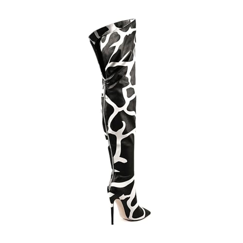Image of Thigh high boots for women striped Back zipper Burgundy Zebra Print Over the knee Sexy gold white pointed toe Cow Print leopard Magenta stiletto heel