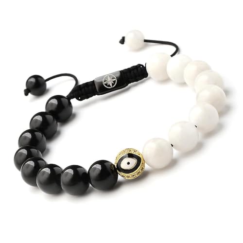 Premium Black Tourmaline, Moonstone Bracelet - Evil Eye Beaded Bracelets For Women And Men - (3x Protection - 10 mm Stone)- Triple protection Narural Stone Bracelet - Turmalina Negra Oiginal.