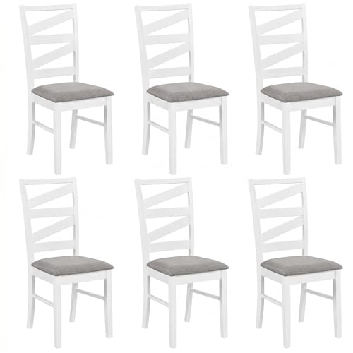 Image of COSTWAY Wooden Dining Chairs Set of 6, Farmhouse Kitchen Side Chair with High Back, Fabric Padded Seat, Armless Chairs for Dining Room, Living Room, Home Kitchen, Restaurant (White & Grey)