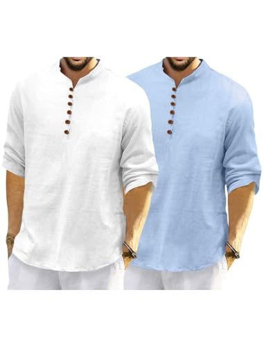 Image of Macsivo Men's Cotton Blend Kurta with Solid Band Collar Full Sleeve Button Closure Regular Fit Curved Hem Length | Kurta for Man | Combo Pack of 2