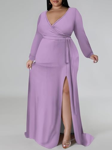 Image of PinkPatty Women's Plus Size Long Sleeve Maxi Dress Casual V Neck Slit Tie Waist Wrap Dresses for Party Cocktail